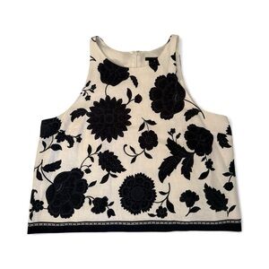 Ann Taylor Top Shirt Floral Print Tank Top XL Black White Sleeveless Linen Blend